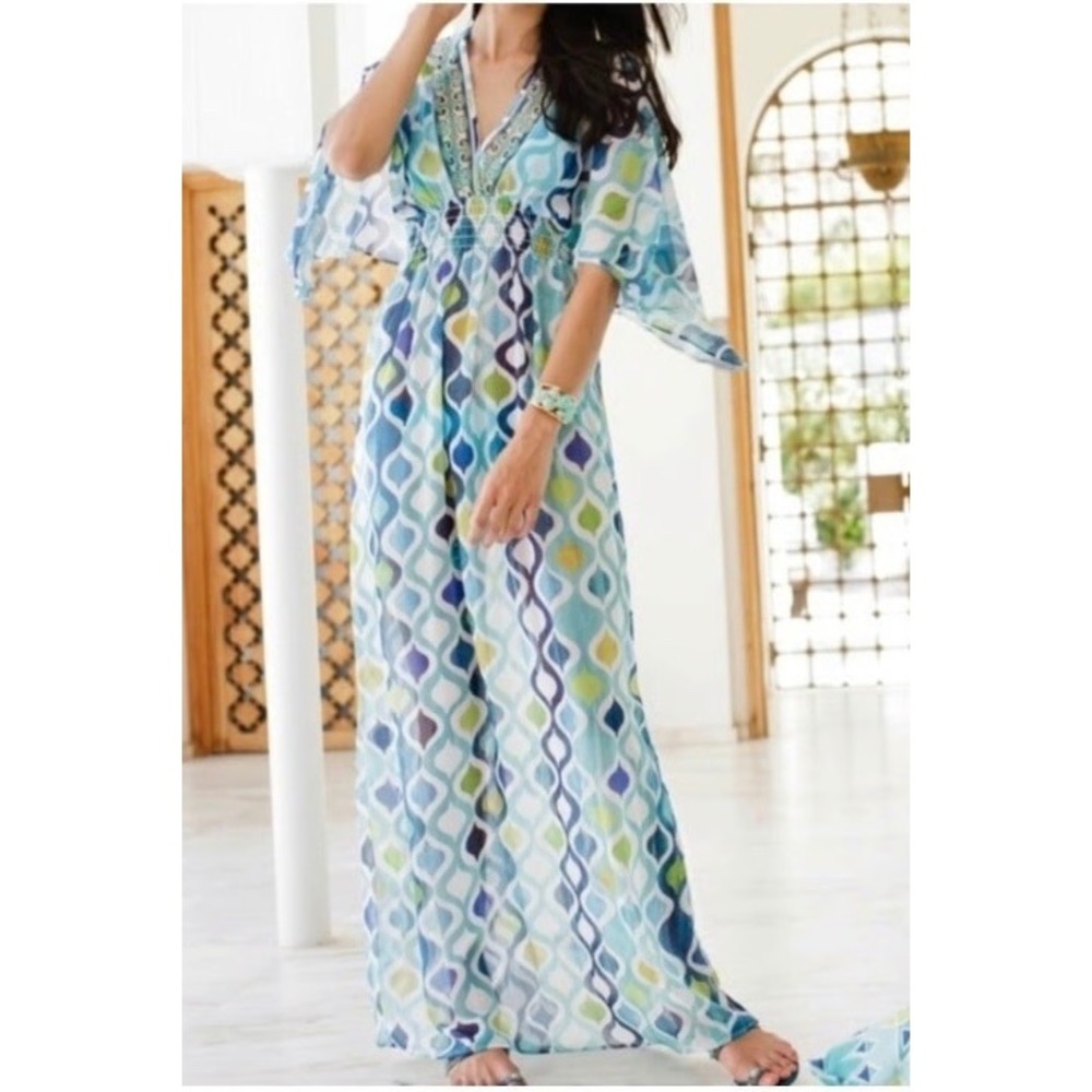 Trina Turk Ogee Sheer Maxi Caftan Swim Cover Up Print Size S